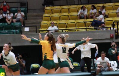 Tymber Riley and Madison Grantham celebrate win Golden Suns Volleyball 2021